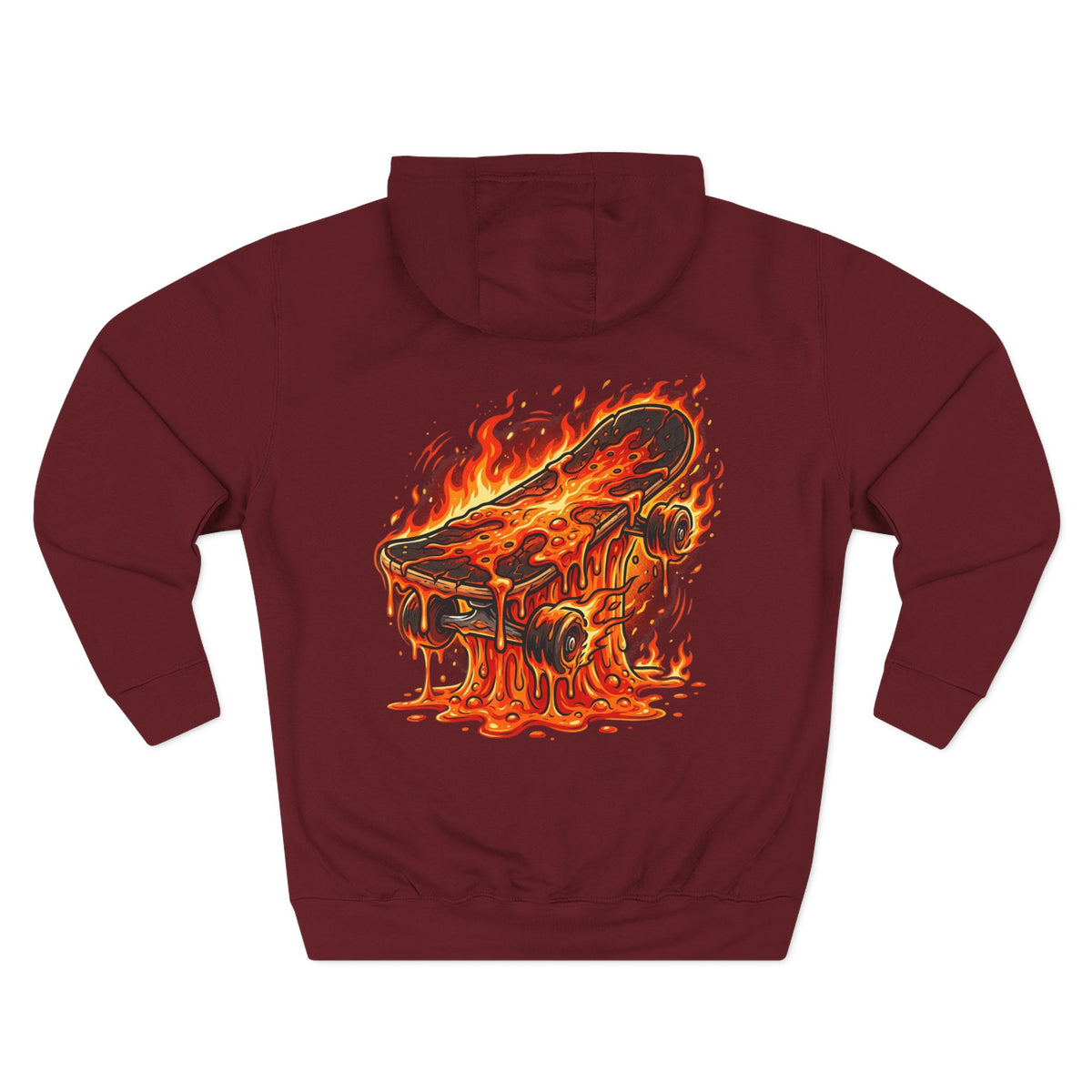 Flaming Skateboard Hoodie — Melted Skate Deck Graphic Fleece Pullover
