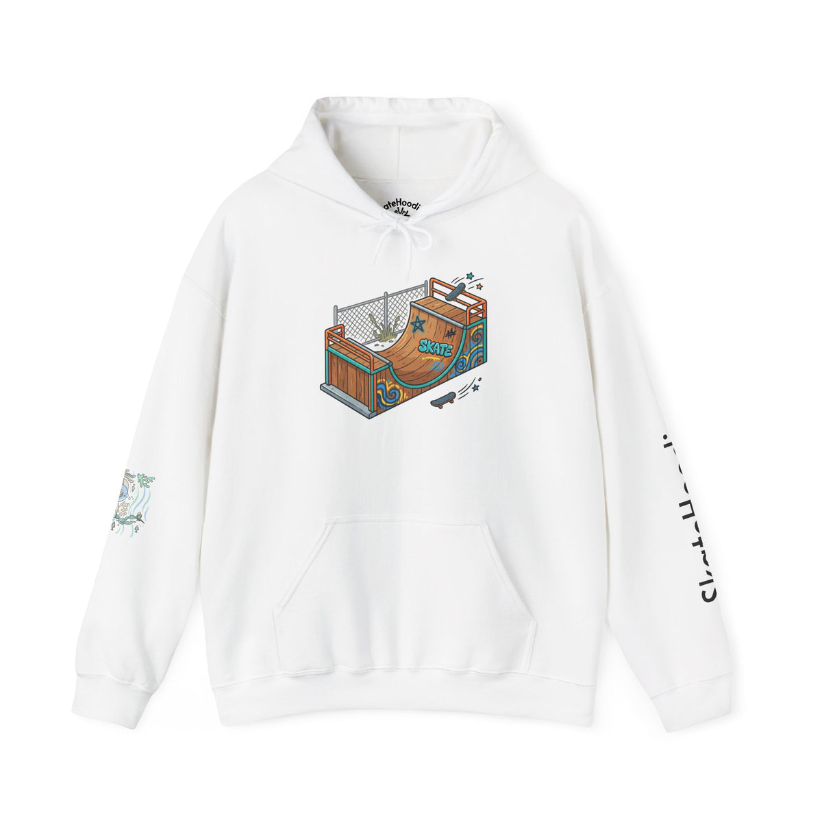 Skate Park Graphic Hoodie — Green Skateboard Illustration