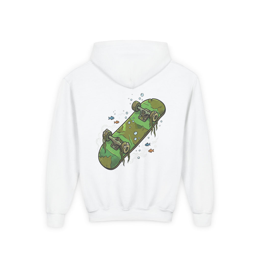 Kids Skateboard Hoodie — Green Submerged Skateboard Graphic