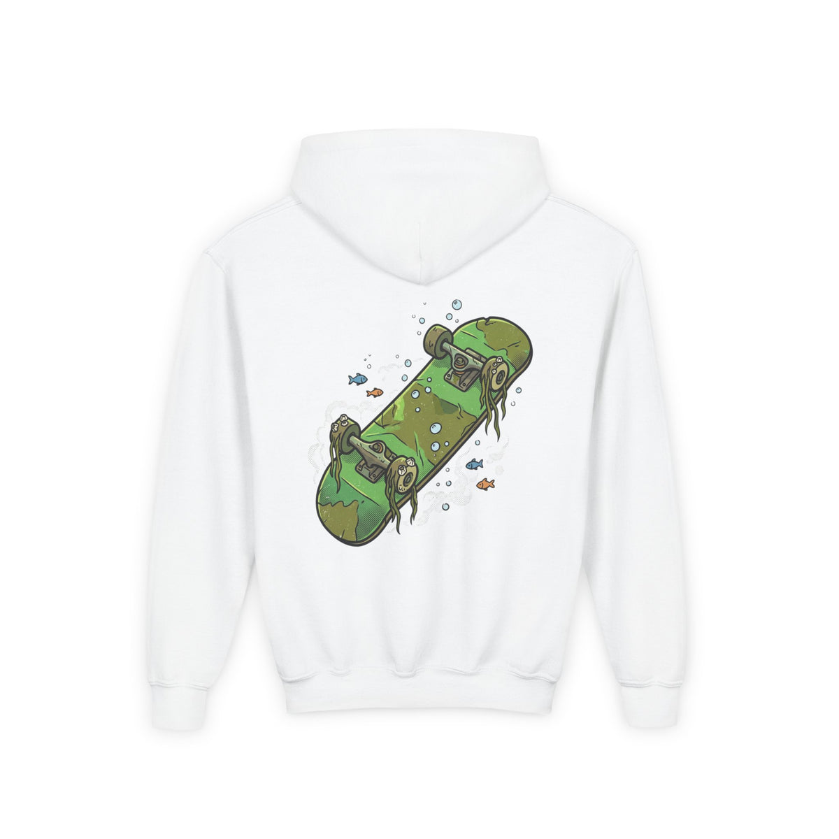 Kids Skateboard Hoodie — Green Submerged Skateboard Graphic