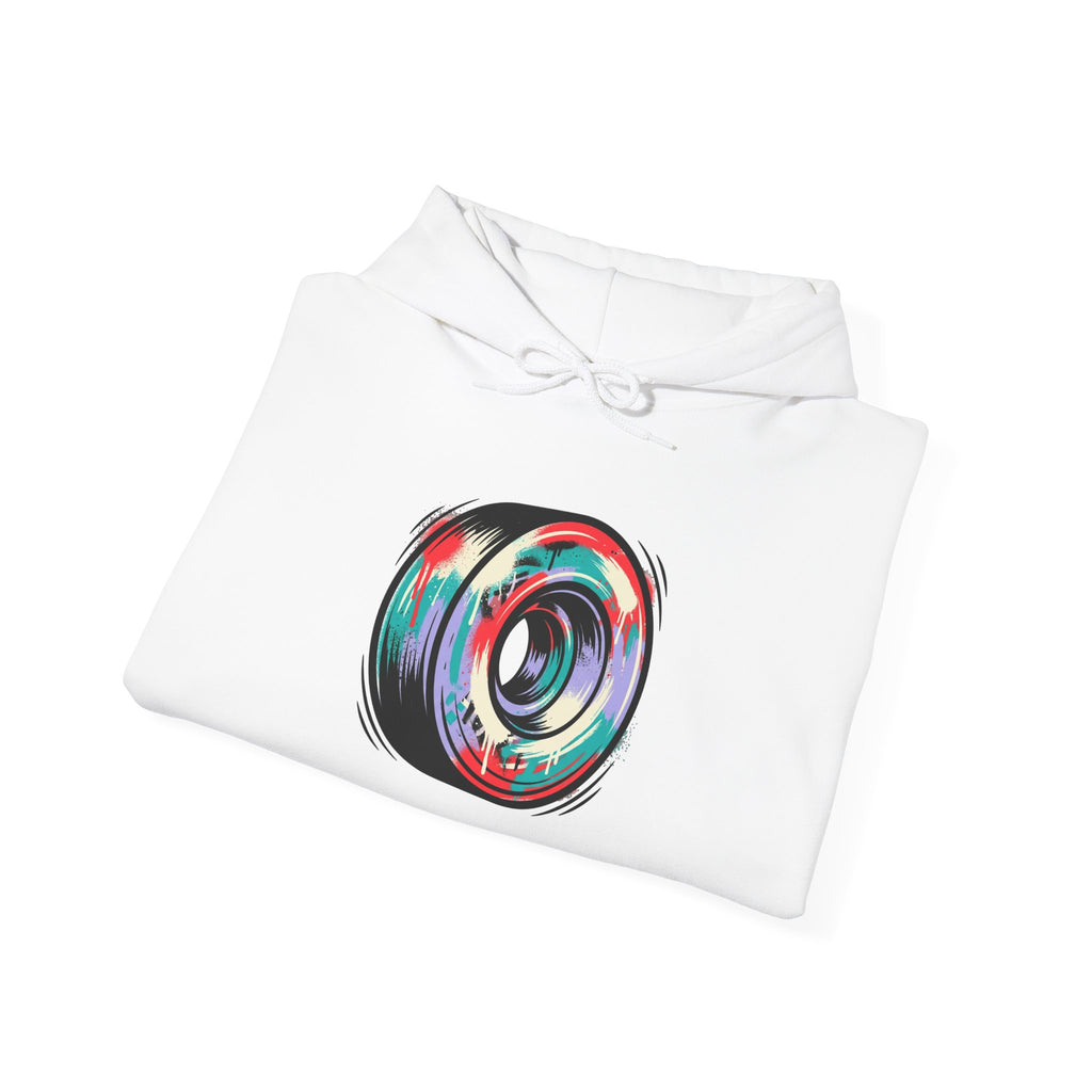 Skate Wheel Graphic Hoodie — Colorful Abstract Skateboard Wheel Sweatshirt