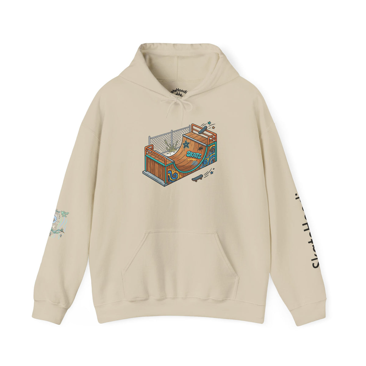 Skate Park Graphic Hoodie — Green Skateboard Illustration