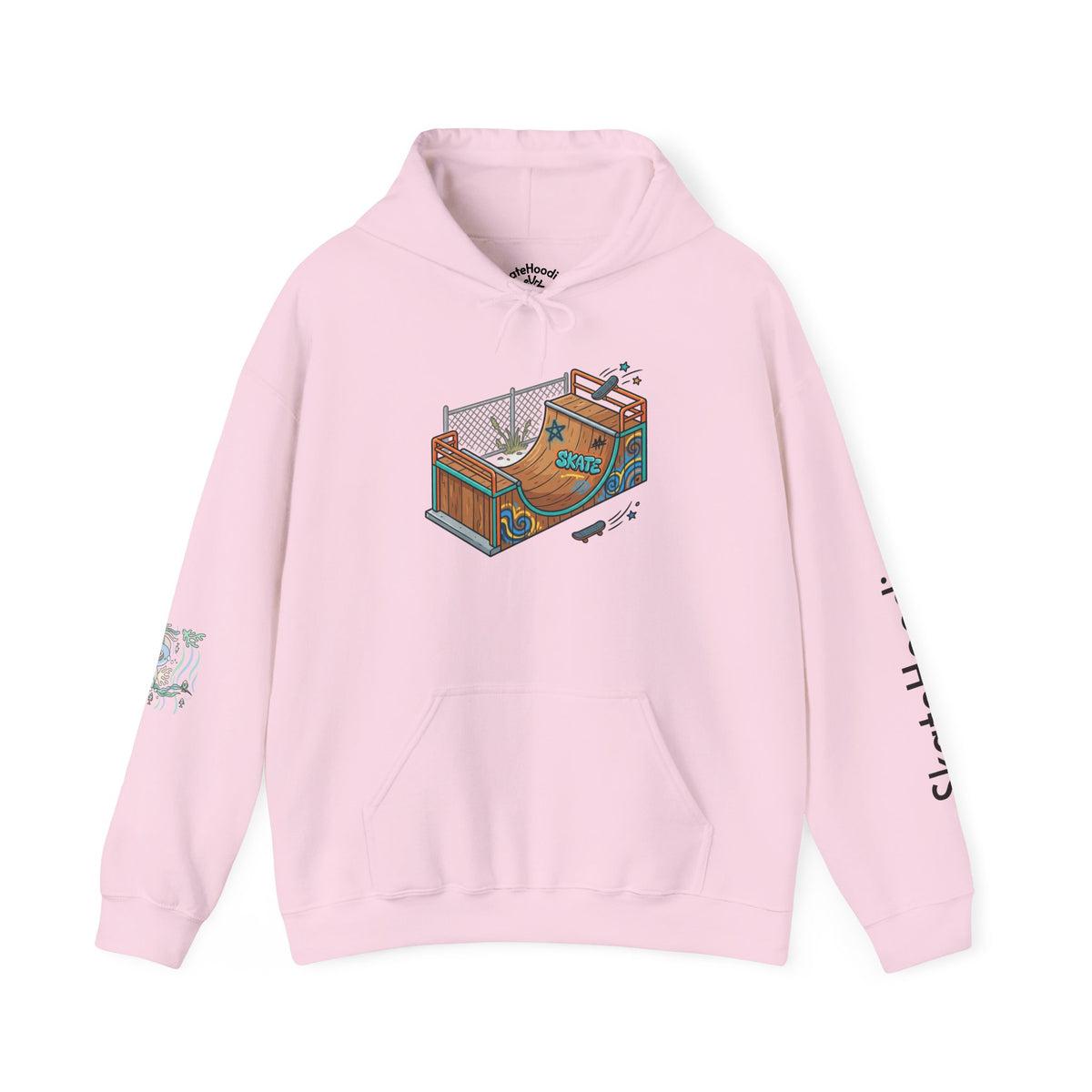 Skate Park Graphic Hoodie — Green Skateboard Illustration