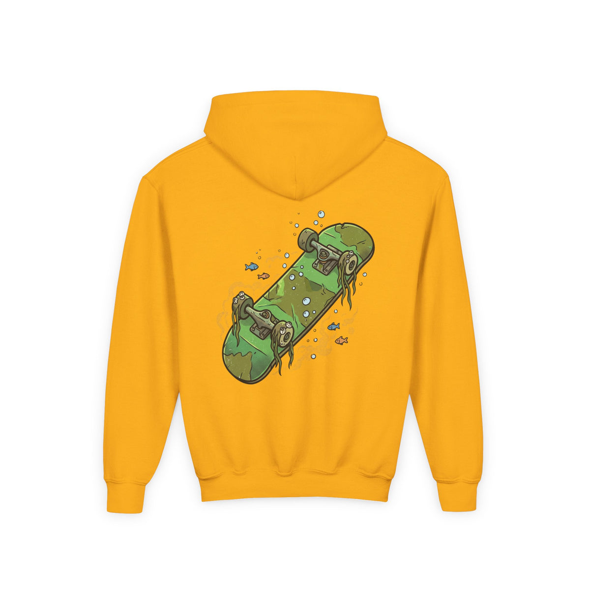 Kids Skateboard Hoodie — Green Submerged Skateboard Graphic