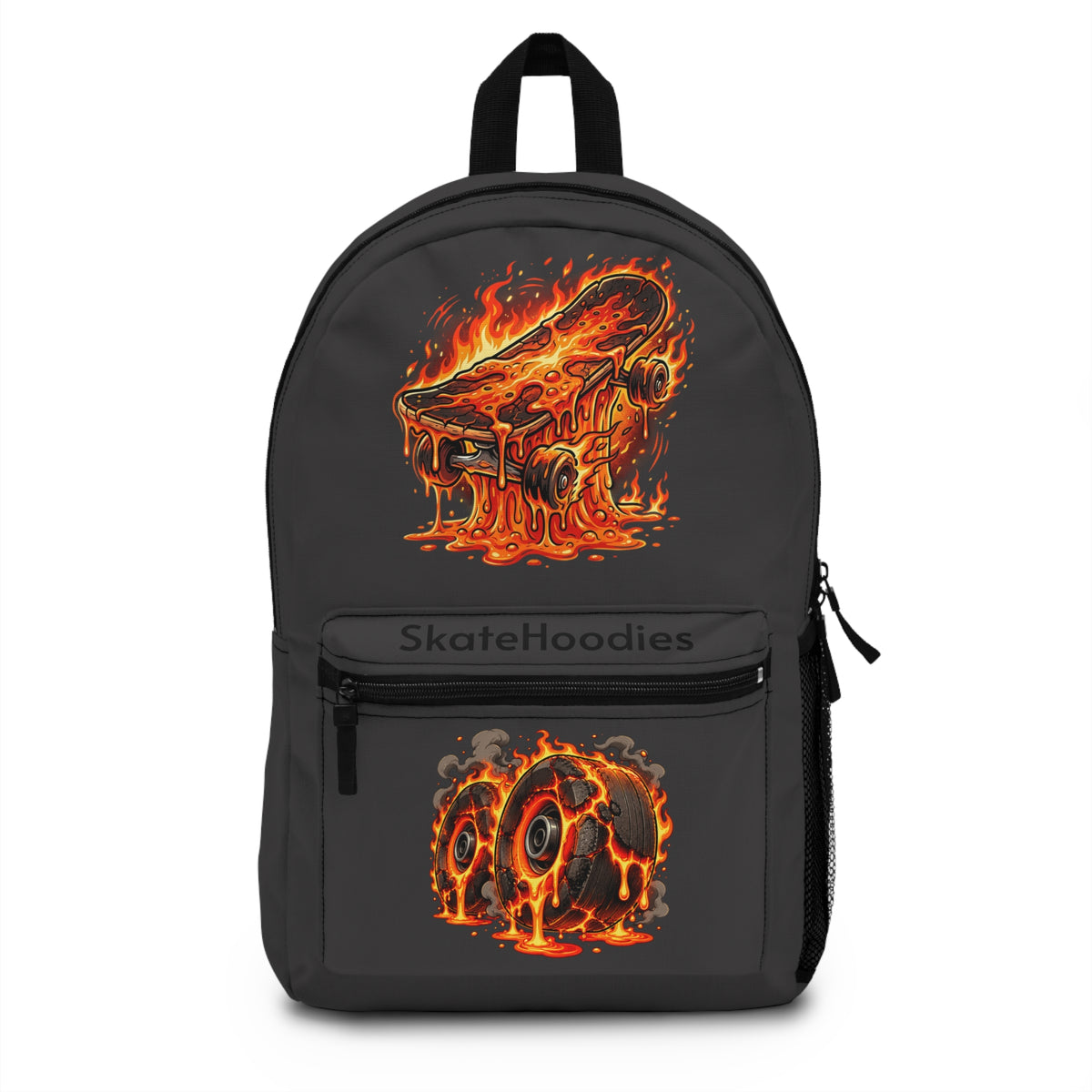 Flaming Skateboard Backpack — Melting Wheels Graphic Bag for Skateboarders